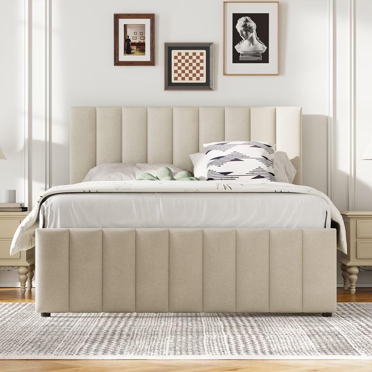 Upholstered Platform Bed with Twin Size Trundle and 3 Drawers, Linen Fabric, Beige
