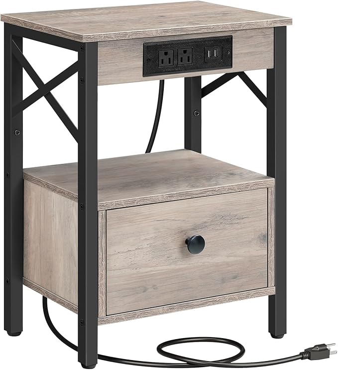 Nightstand Set of 1/2 with Charging Station, End Table Set