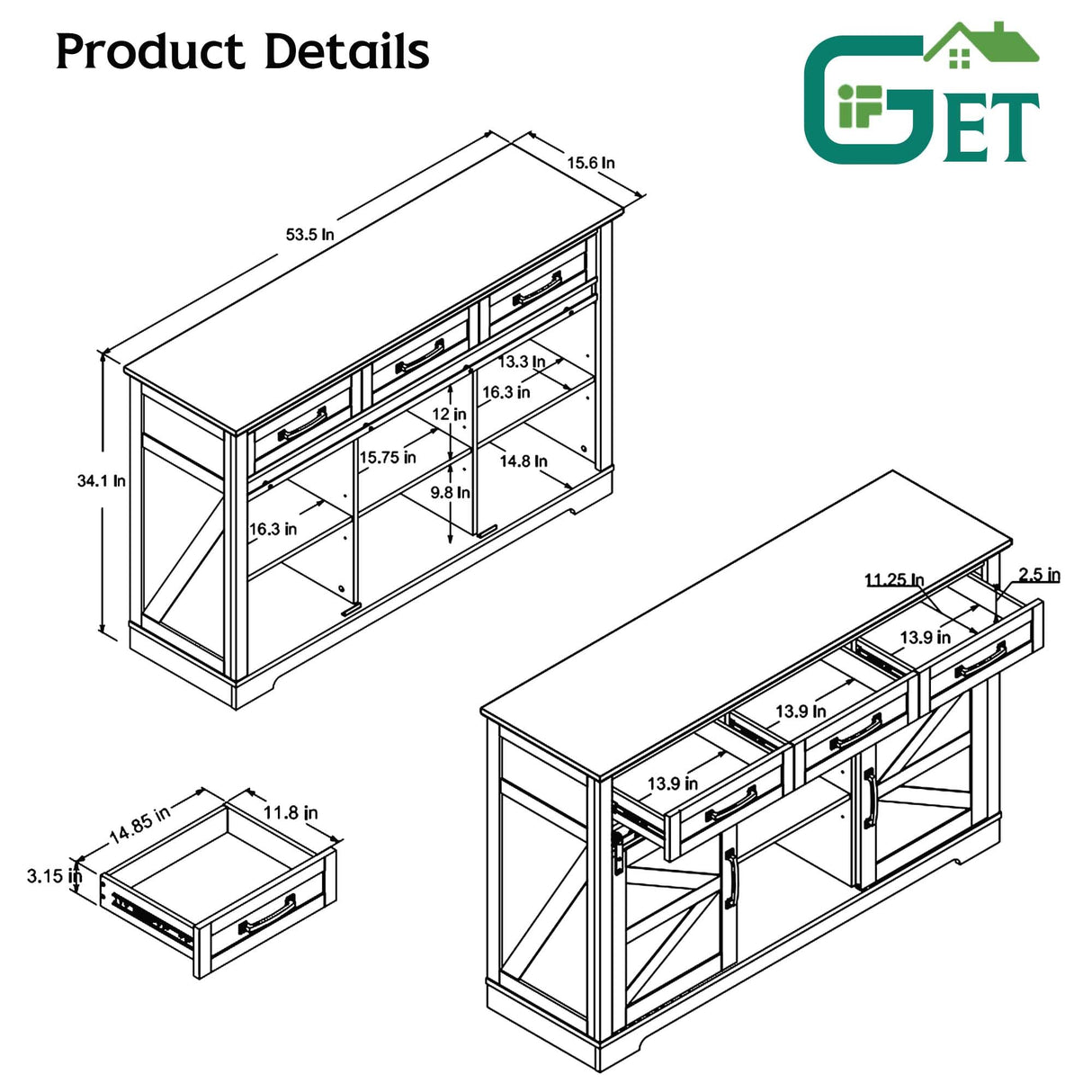 Farmhouse Buffet Cabinet, 53ā Sideboard Cabinet w/3 Drawer, Rustic Storage Cabinet