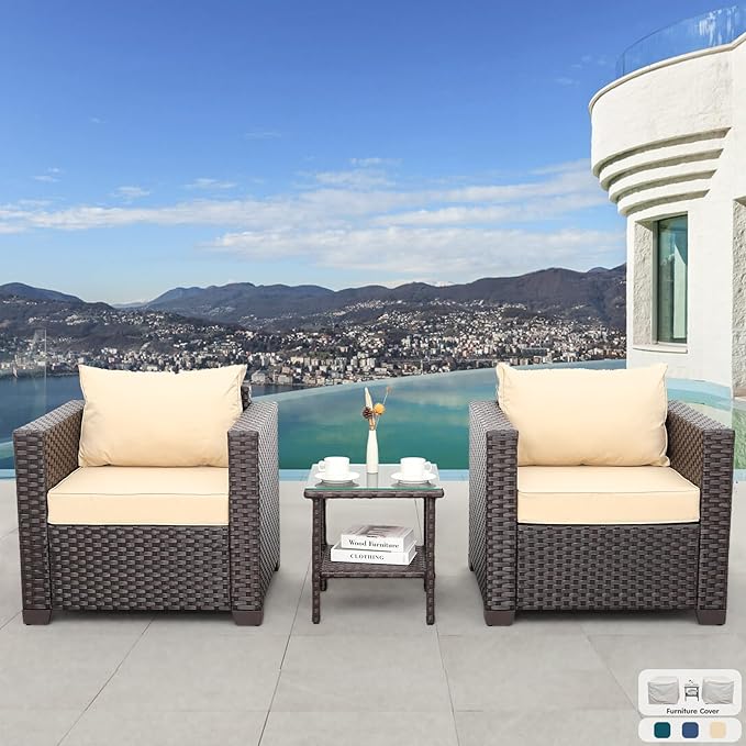 3 Piece Patio Set Patio Conversation Sets Outdoor Chairs and Glass Side Table