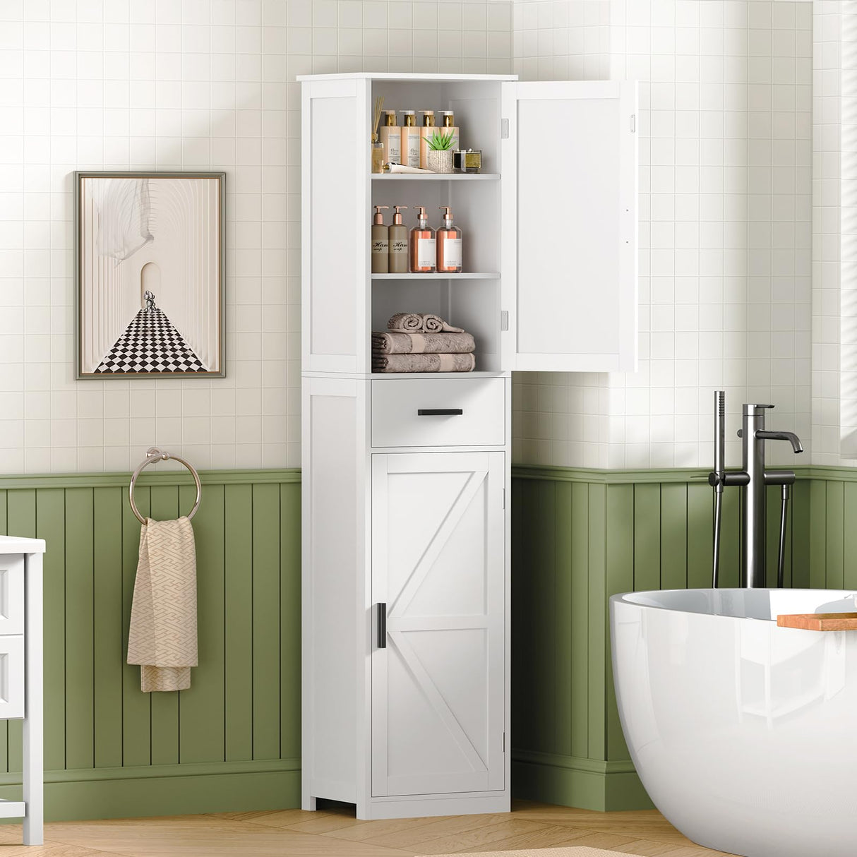 67.1" Tall Bathroom Cabinet, Storage Cabinet with 6 Shelves & Drawer