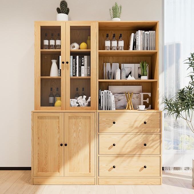 Bookshelf Bookcase, 3-Tier Modern Bookshelves 3 Large Drawer, Wood Filing Cabinet with Open Storage Shelf, Glass Doors 5-Tier Fixed Storage Shelves for Home Office