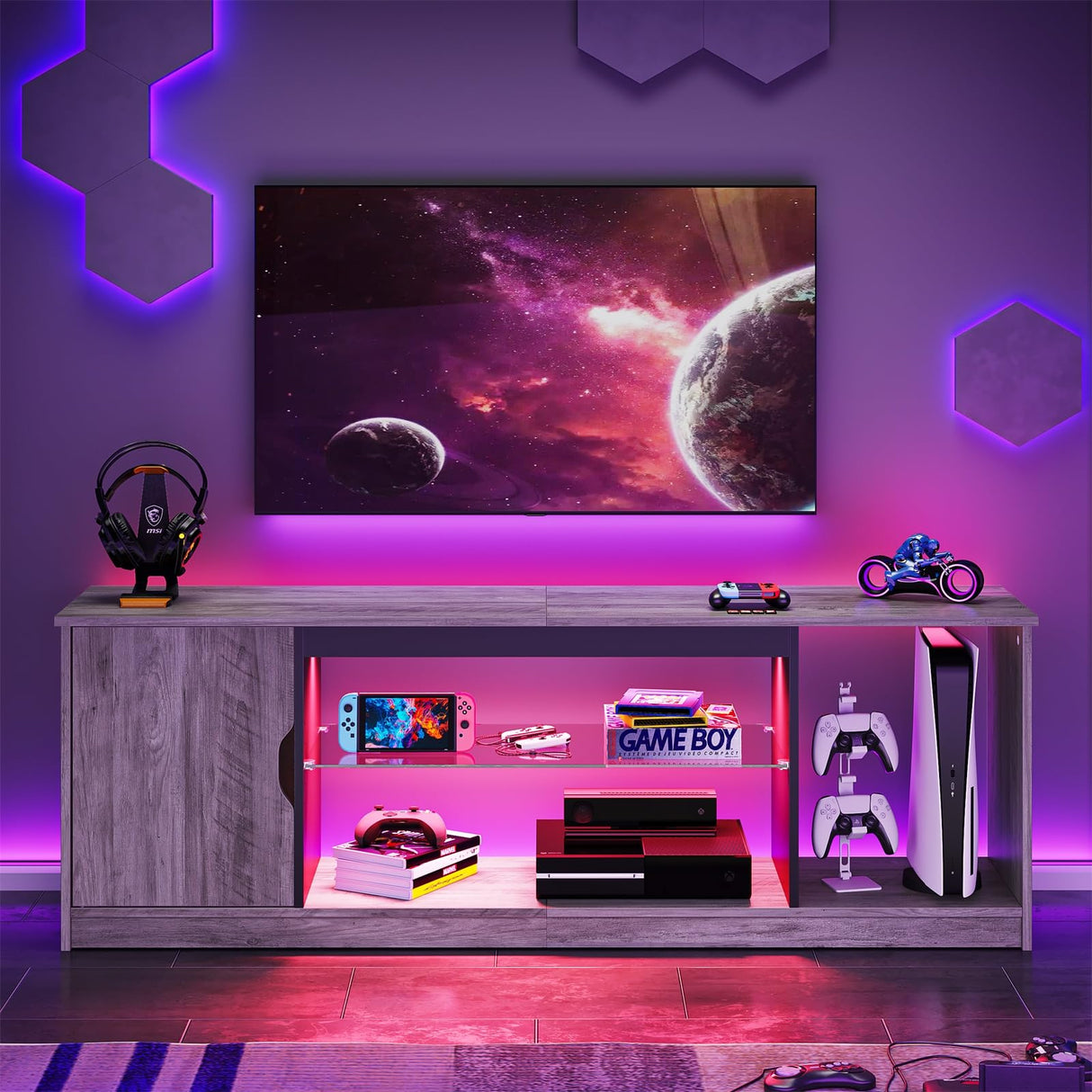 LED TV Stand for PS5,Modern Gaming Entertainment Center with Cabinet for 60/65 Inch TV