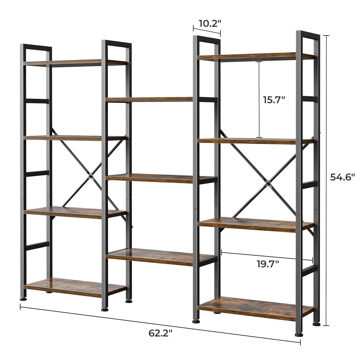 Triple 4 Tier Bookshelf, Bookcase with 11 Open Display Shelves, Wide Book Shelf Book Case for Home & Office, Rustic Brown