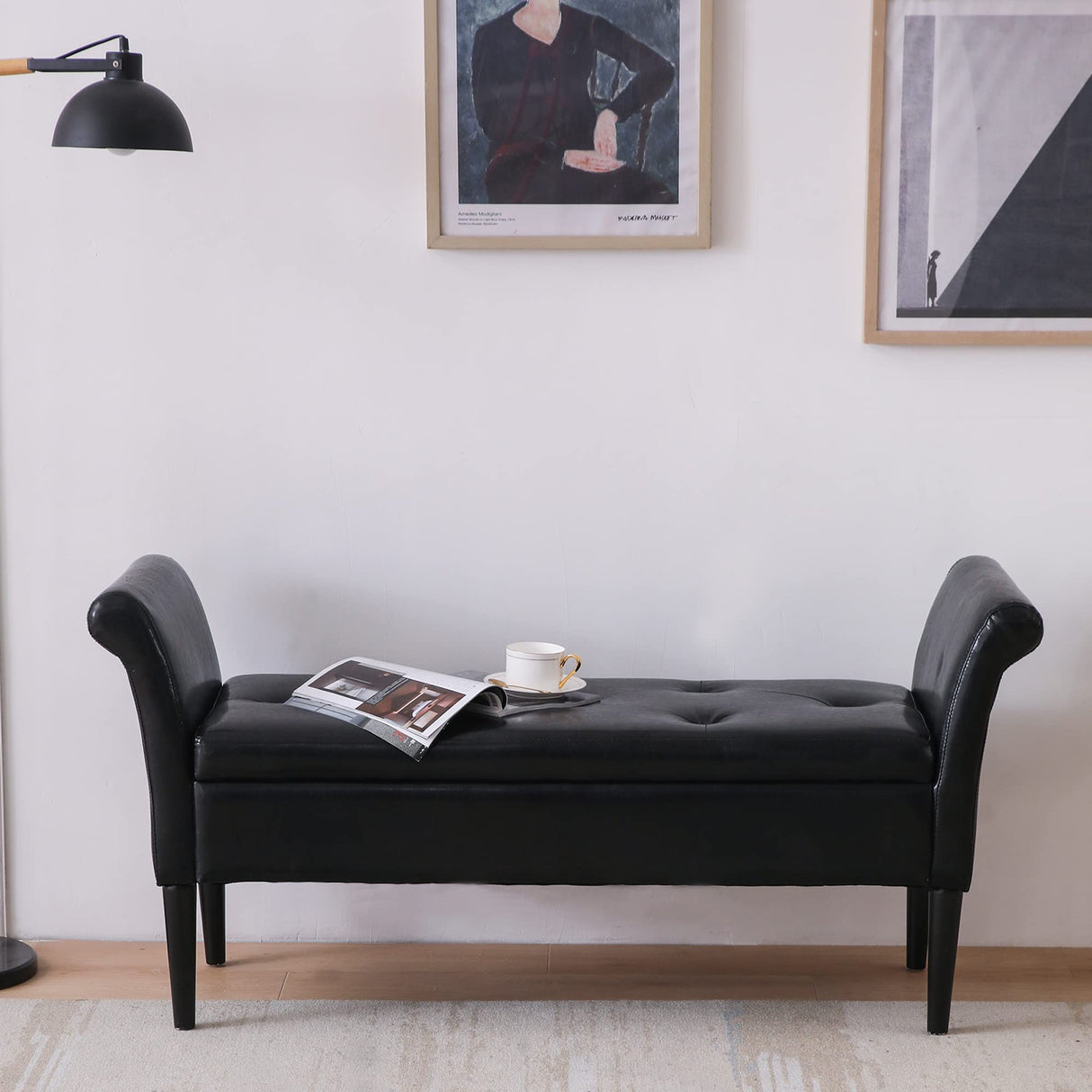 Black Faux Leather Storage Ottoman Bench