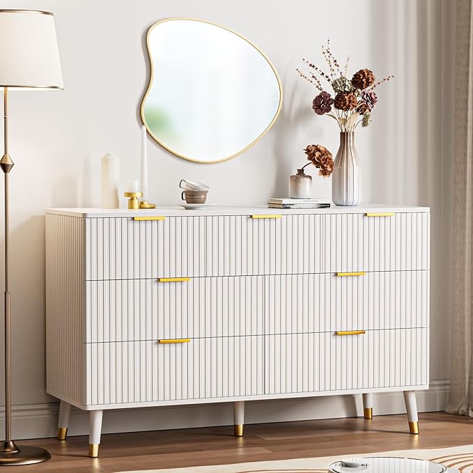 White Dresser, Fluted White and Gold Dresser for Bedroom, 6 Drawer Dresser