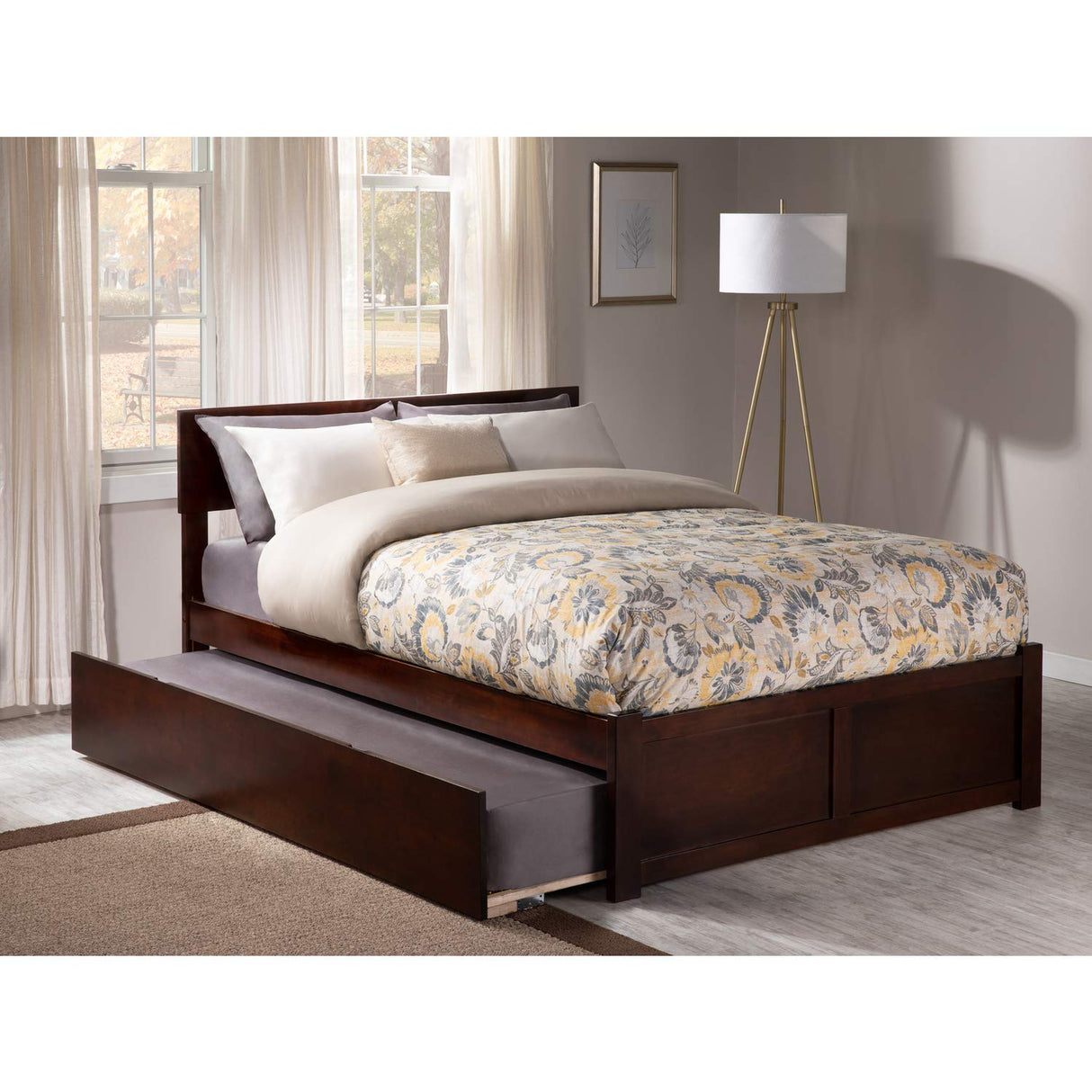 Platform Bed with Flat Panel Footboard and Turbo Charger with Urban Trundle Walnut
