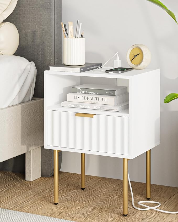 Night Stand with Charging Station, Fluted Bedside Table with Gold Frame