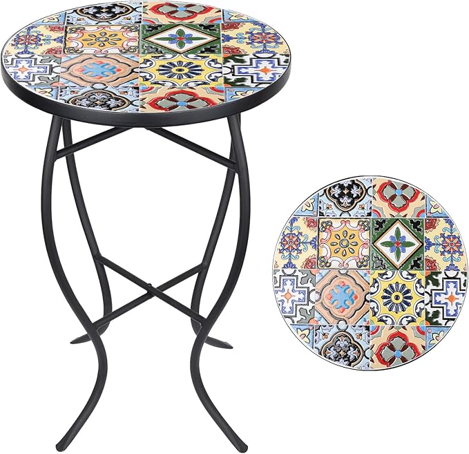 Mosaic Outdoor Side Table, Round Rustproof Patio Table
