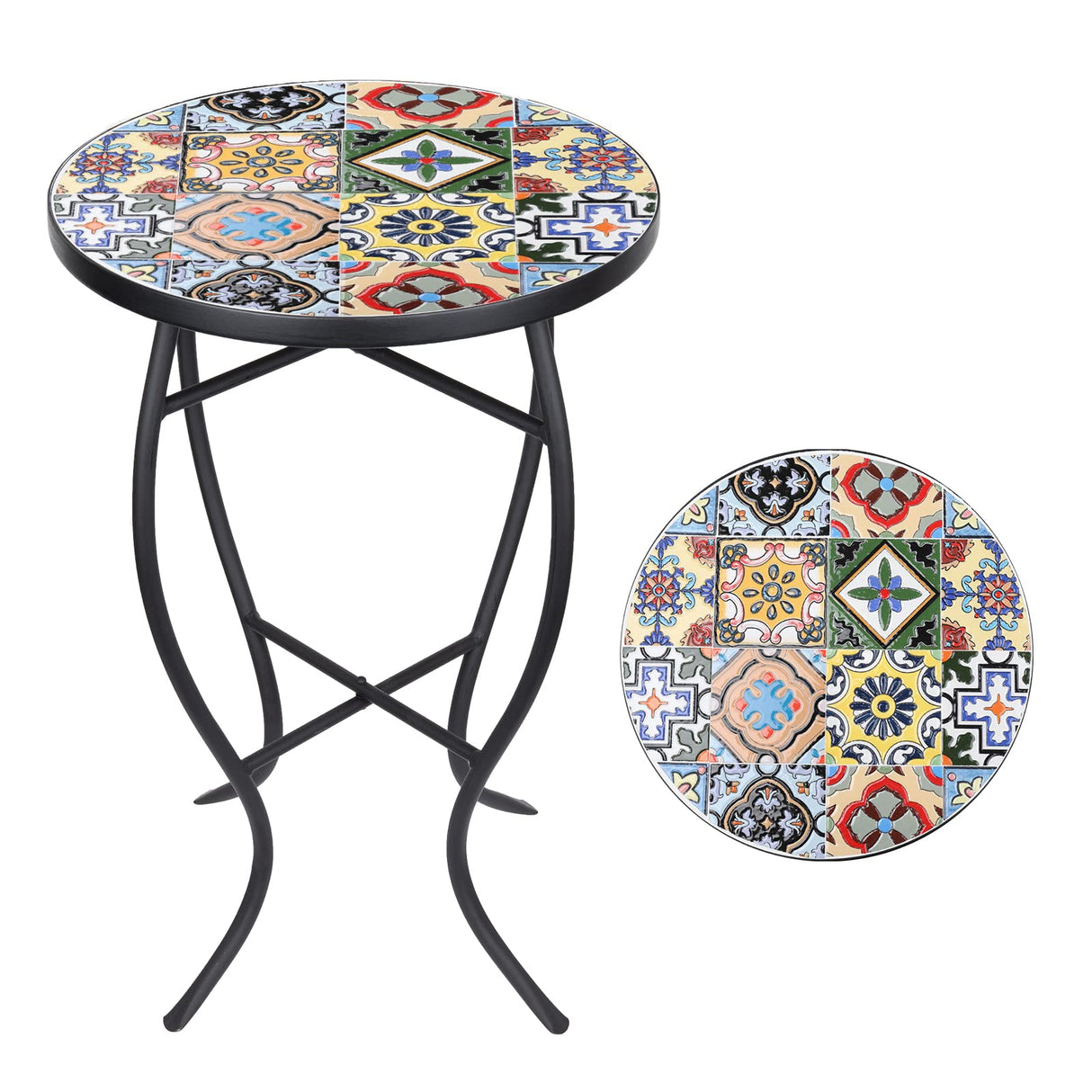 21" Round End Table with 14" Ceramic Tile Top, Indoor Patio Accent Table