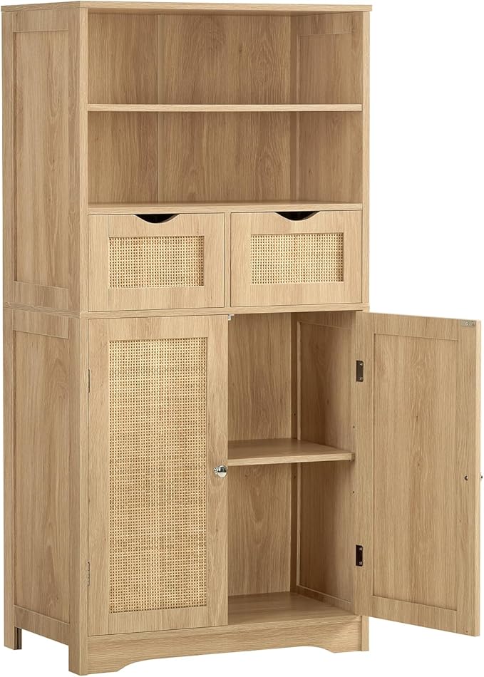 Cabinet with 2 Drawers & Adjustable Shelves, Bathroom Cabinet with Doors, Kitchen Pantry Cabinet
