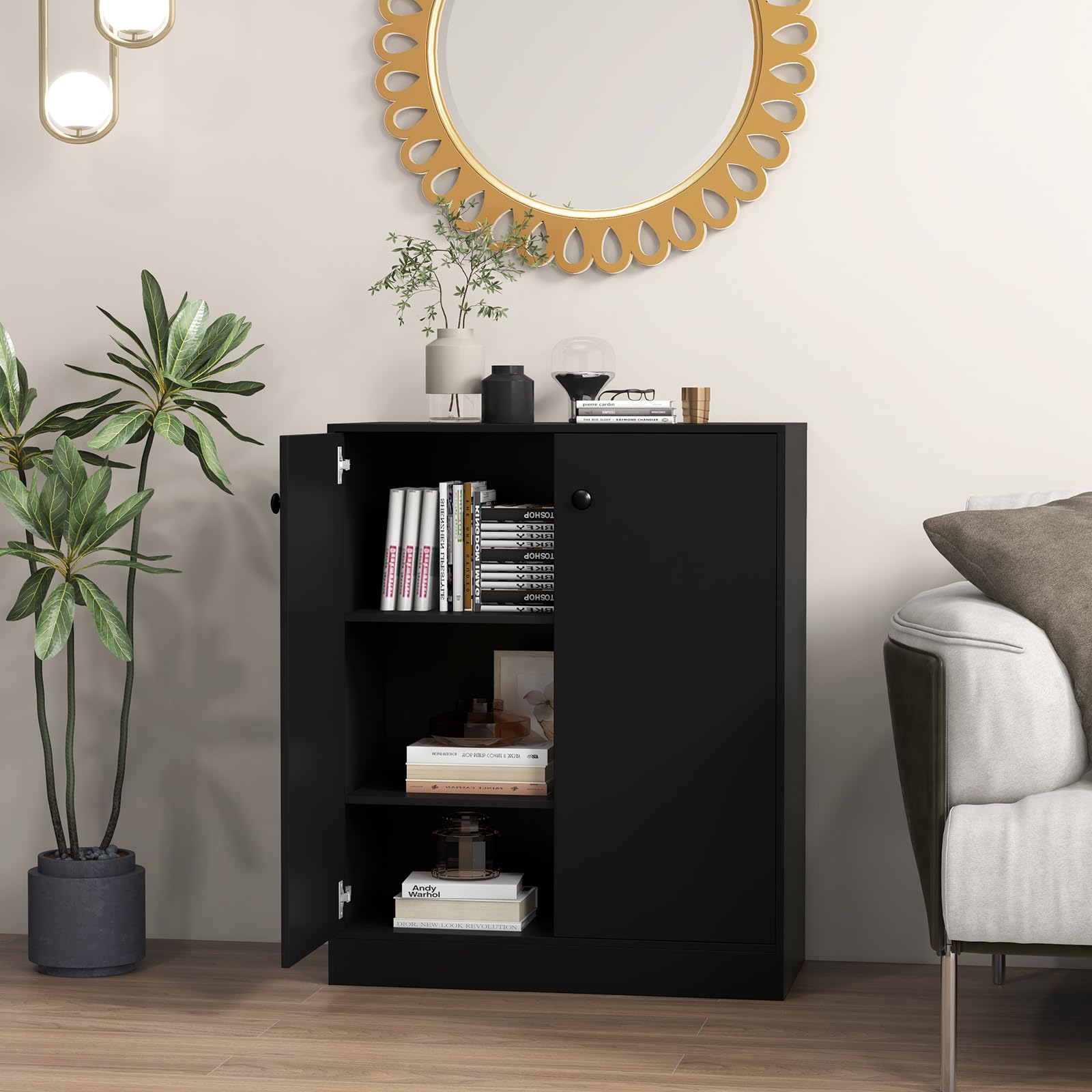 2-Door Storage Cabinet, Modern Floor Cabinet with 3-Tier Shelf