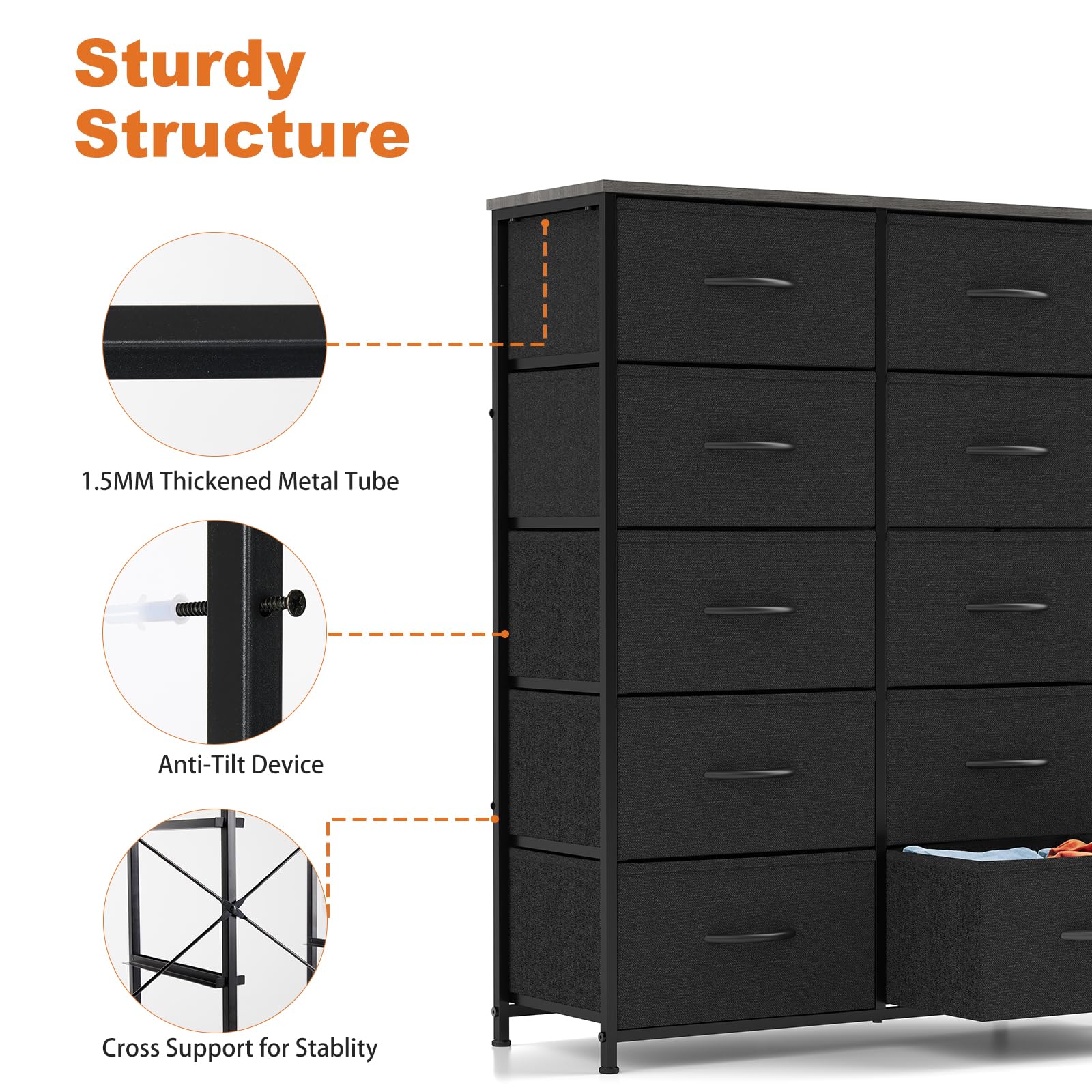 Dresser for Bedroom, Fabric Dresser with 10 Drawers, Tall Double Dresser