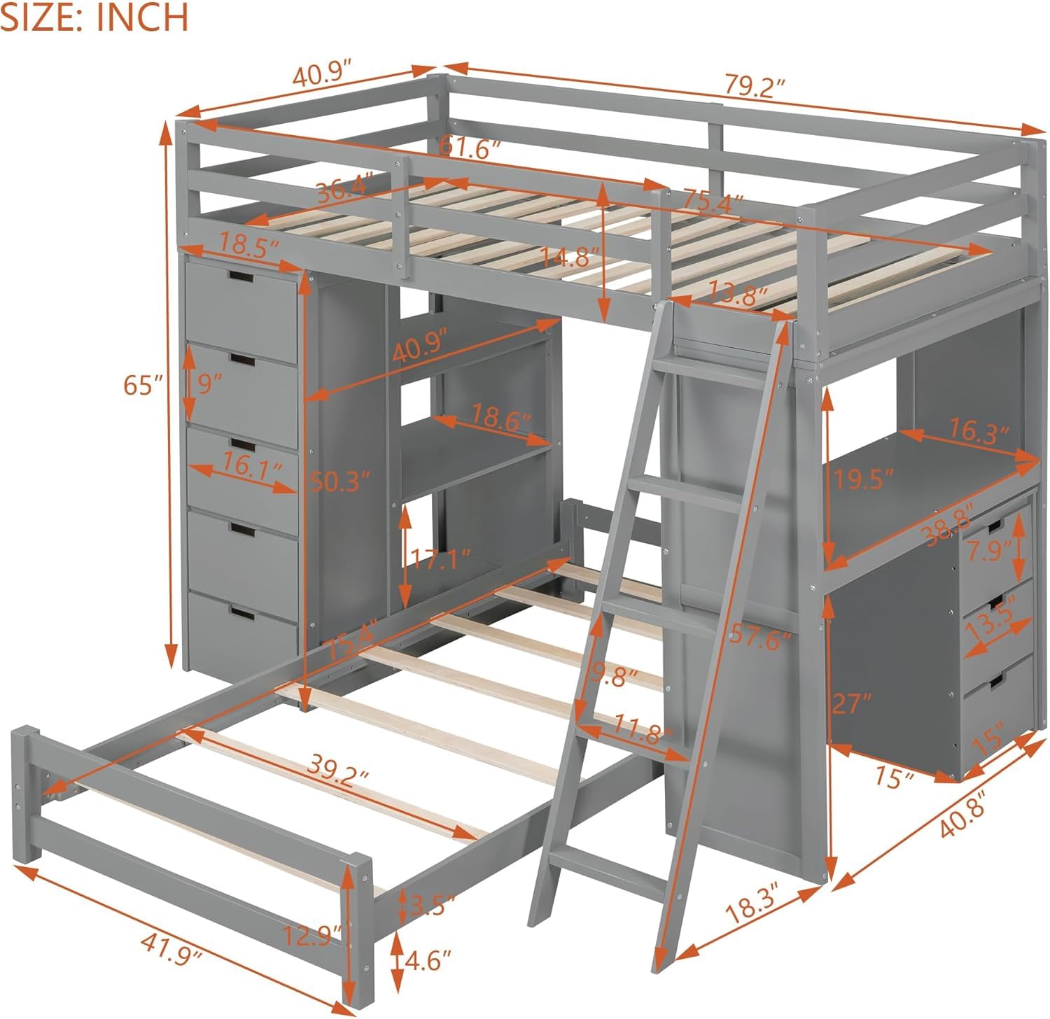 Over Twin Bunk Bed Loft Bed with Desk/ 8 Drawers/ 3 Shelves/Stairs/LED Light and USB