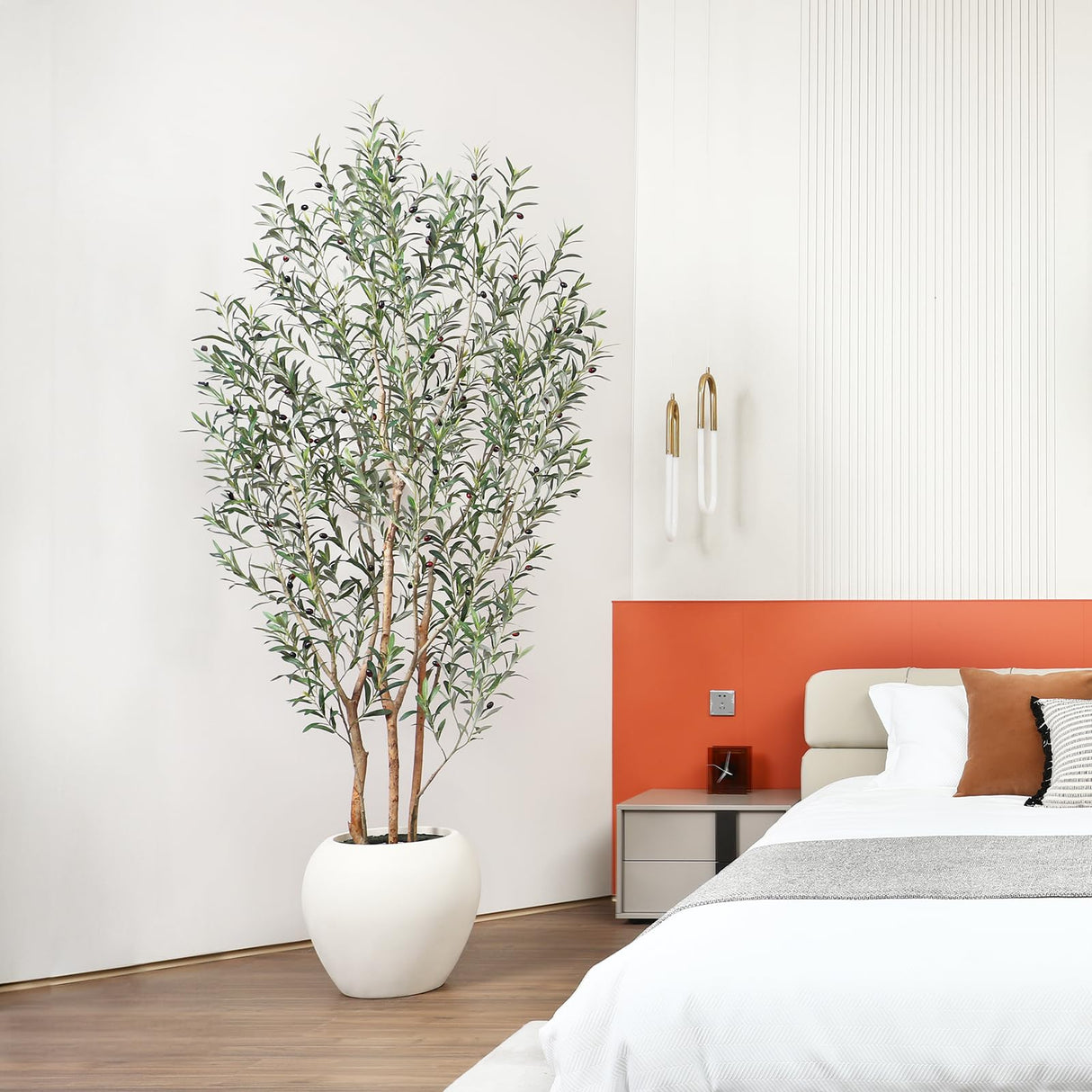 VeriNatural Artificial Olive Tree, 8FT Tall, Faux Olive Trees with Natural Wood Trunk & Lifelike Fruits, Indoor, White Tall Planter, Home Balcony Office Living Room Decor