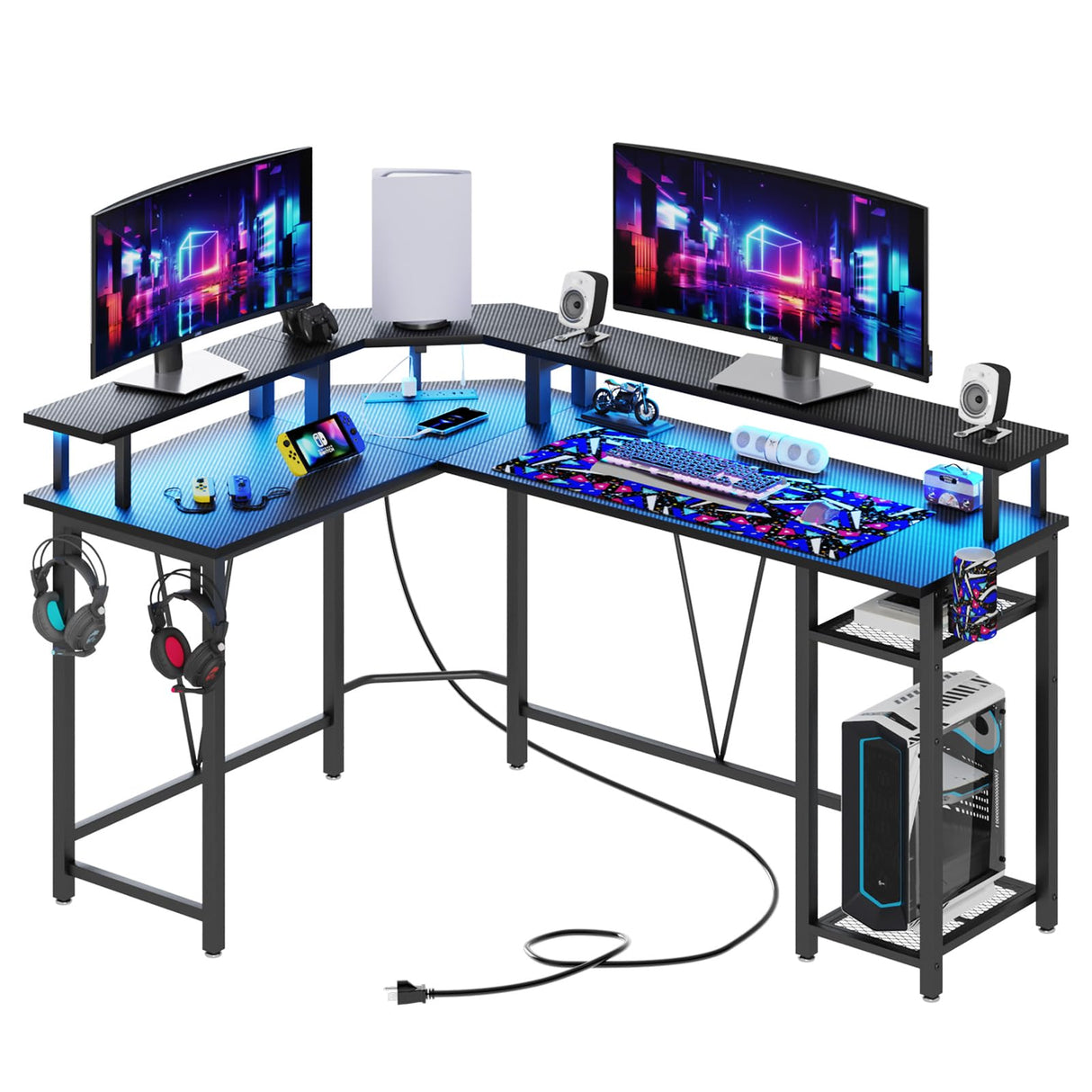 L Shaped Gaming Desk with Power Outlet&Music Strip Lights, Corner Desk with 2-Layer