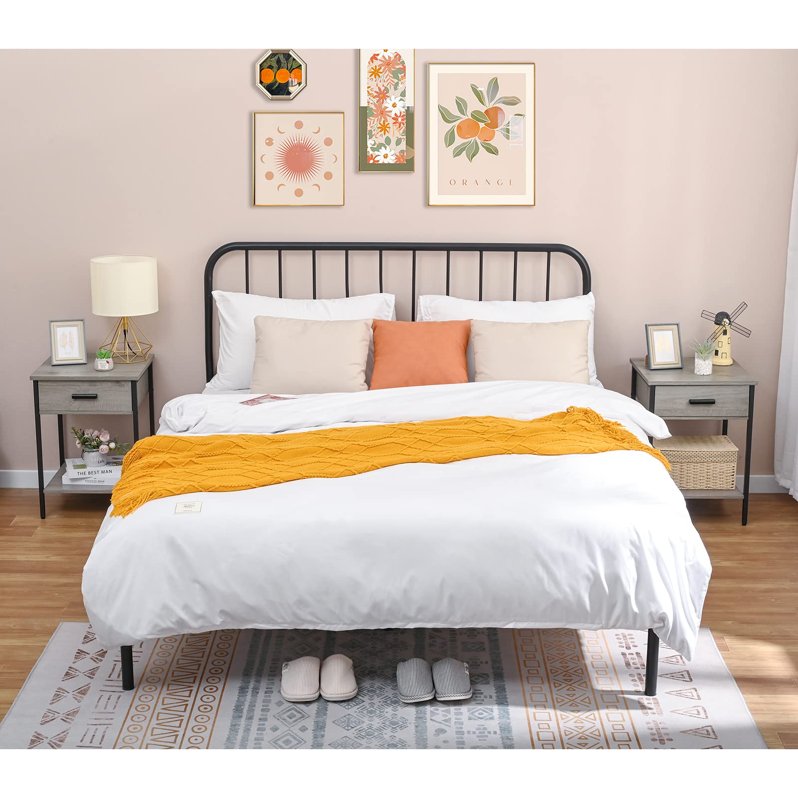 Gray Nightstand with Wood Drawer, Side Table with Storage Shelf, Bedroom