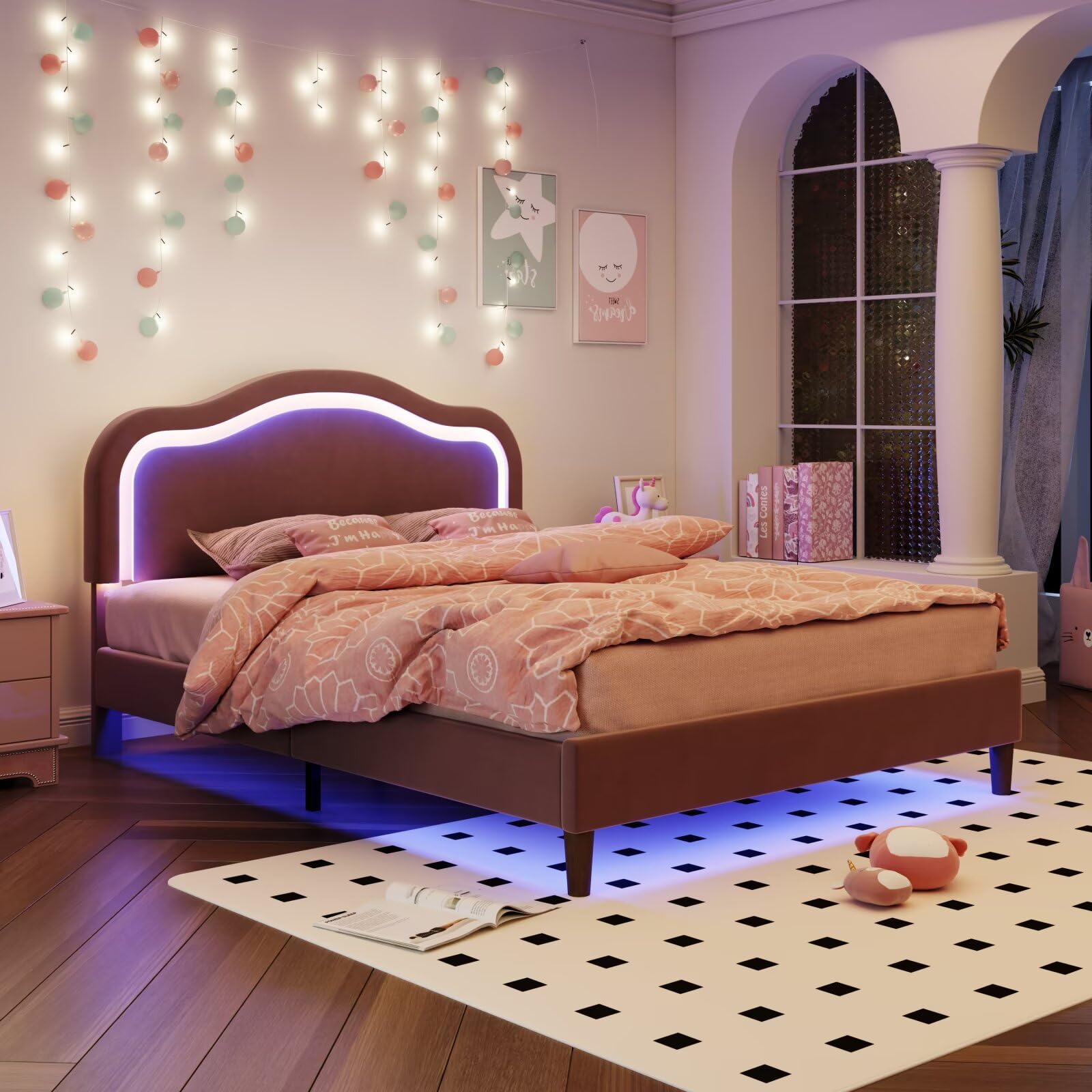 JIJIWANG Queen Size Velvet Upholstered Smart LED Bed Frame with Adjustable Height Headboard,No Box Spring Needed,Easy Assembly,Pink