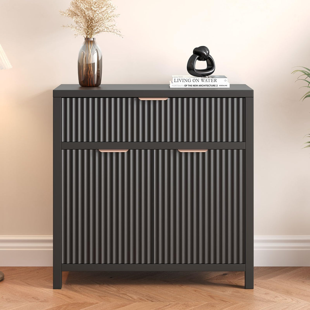 Modern Fluted Black Storage Cabinet with Adjustable Shelf