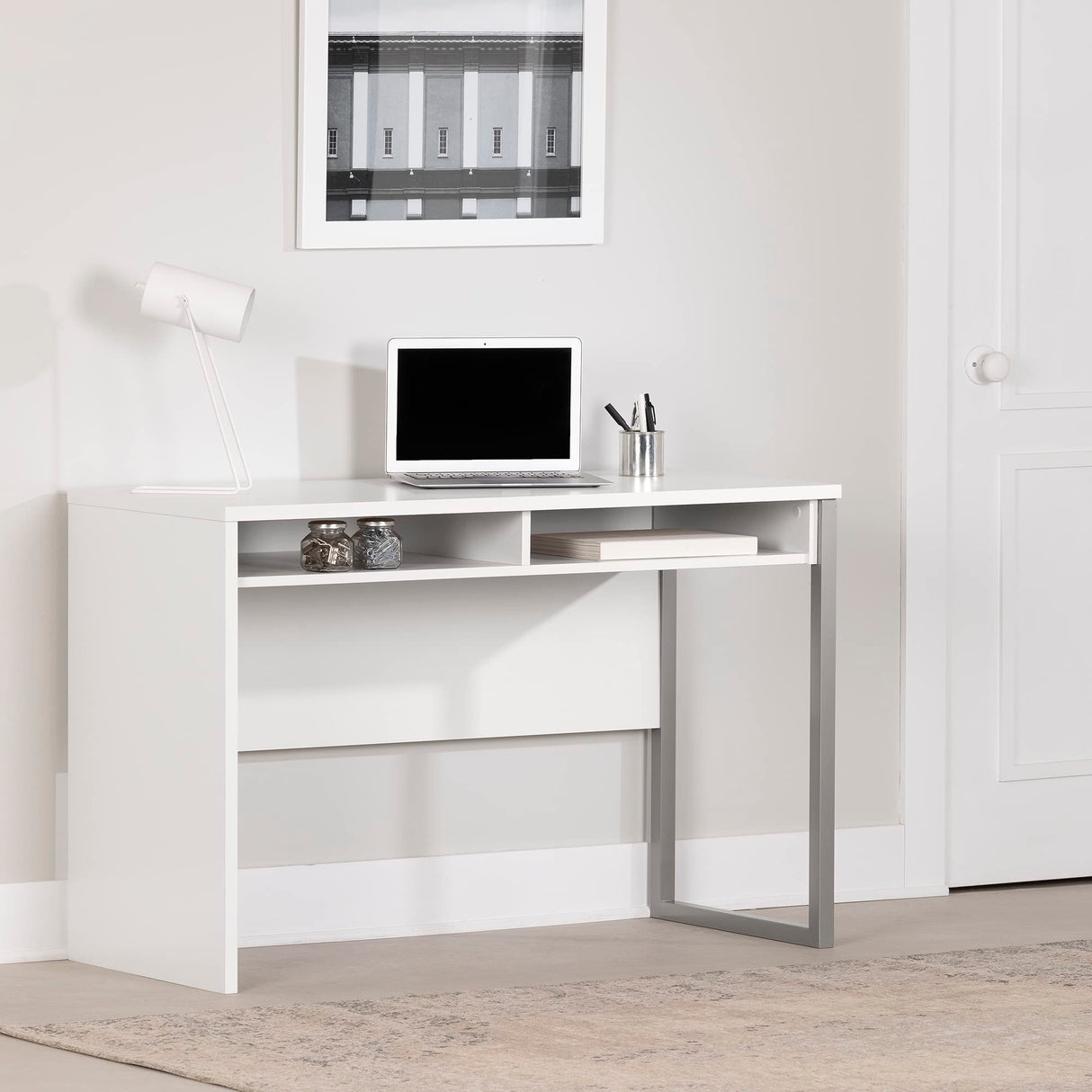 Sleek Metal Finish – Open Storage for Laptop and Tablet – Pure White - by South Shore