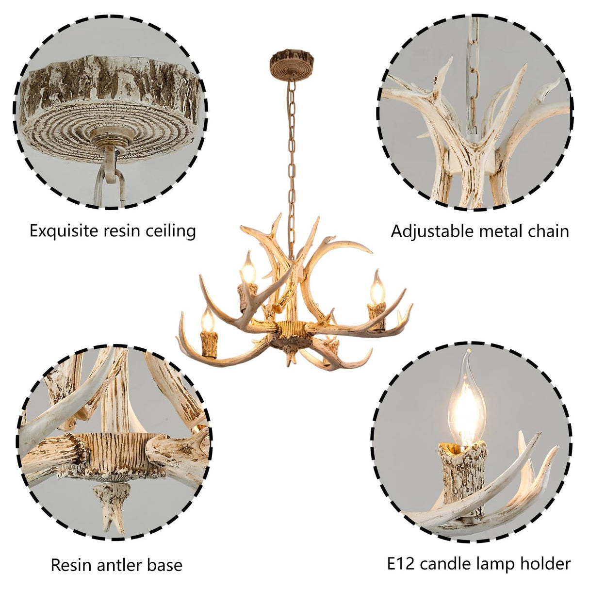 Vimatto Rustic Antler Chandelier 4-Light 25inch Old White Farmhouse Art Deco Antler Light Fixture for Dining Room, Kitchen Island & Living Room(White 4 Lights)