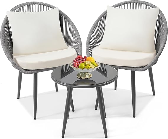 3-Piece Rattan Wicker Bistro Set with Glass Top Table - Space-Saving Outdoor Patio Furniture