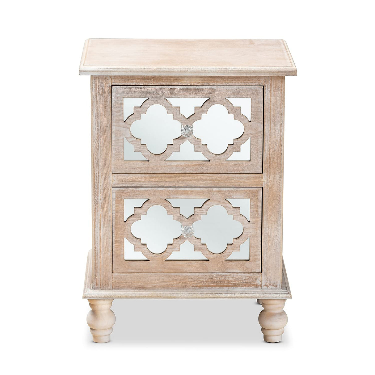 Washed Wood and Mirror 2-Drawer Quatrefoil Nightstand