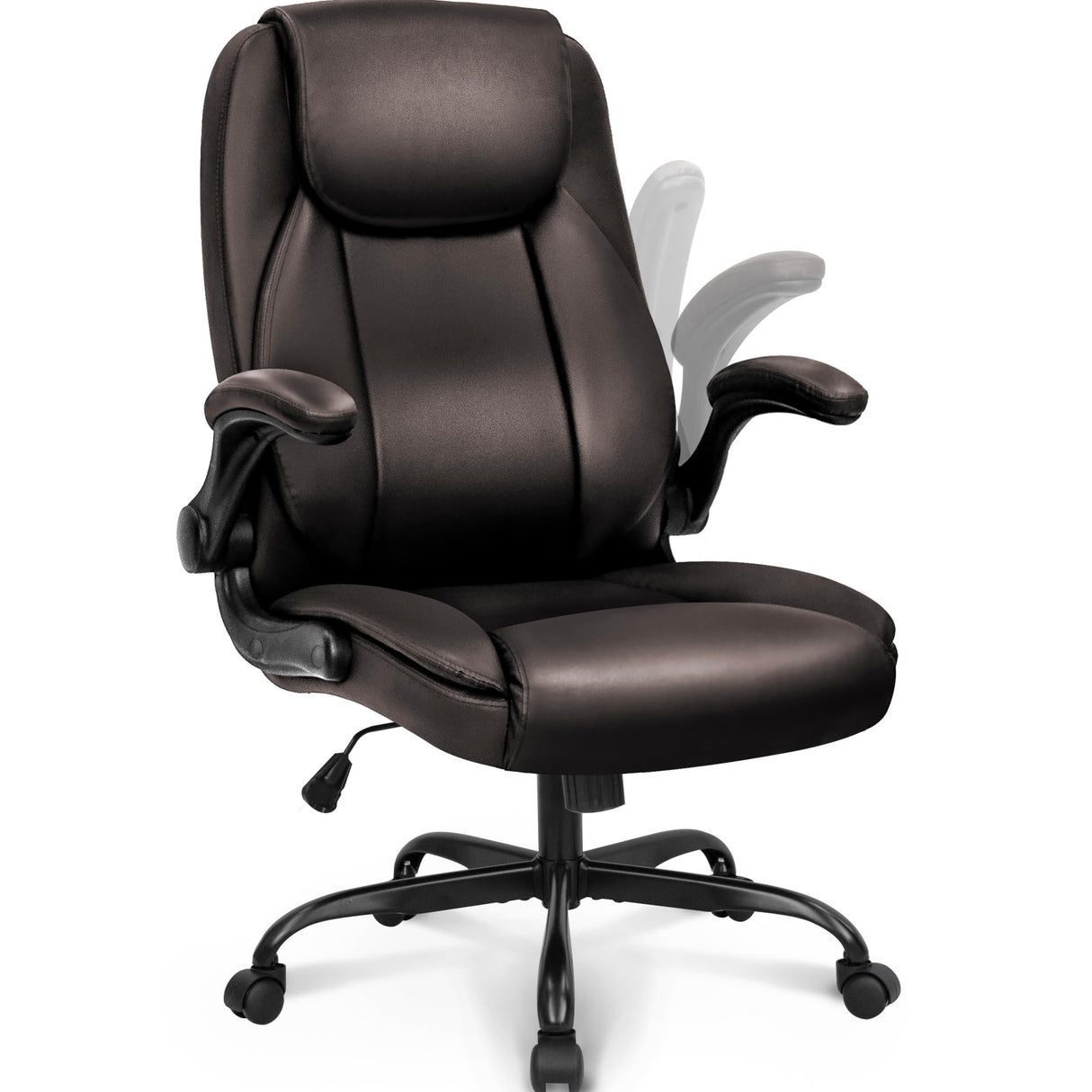 Ergonomic Office Chair PU Leather Executive Chair Padded Flip Up Armrest Computer Chair Adjustable Height High Back Lumbar Support Wheels Swivel