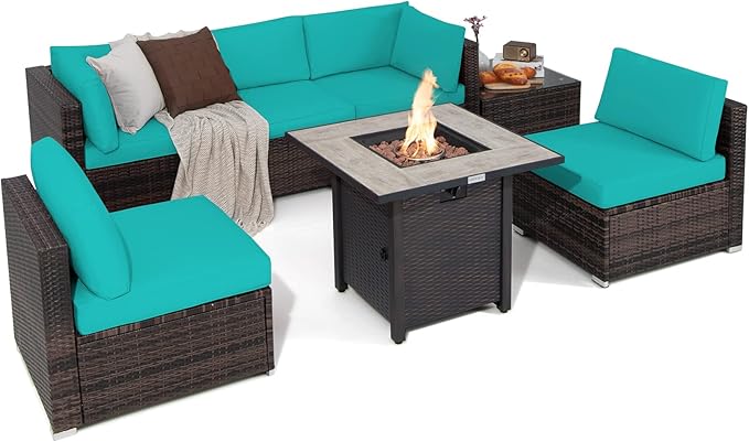 7 Piece Patio Furniture Set with Fire Pit Table, Patiojoy Outdoor PE Wicker Conversation Sectional Sofa Set