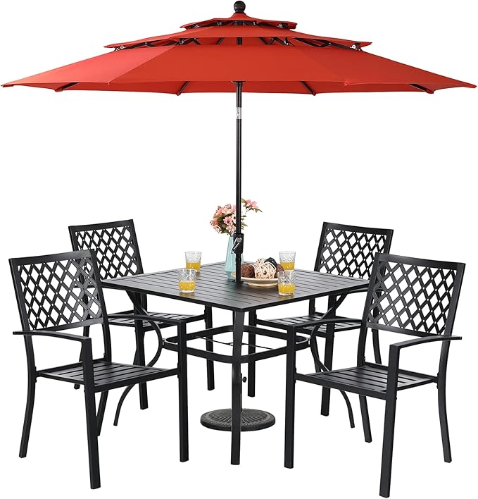 Metal Outdoor Patio Dining Set 6 PCS with 10ft 3 Tier Auto-tilt Umbrella(Orange Red)