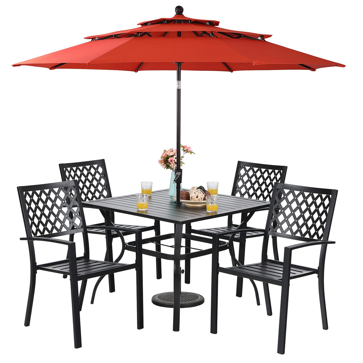 Metal Outdoor Patio Dining Set 6 PCS with 10ft 3 Tier Auto-tilt Umbrella(Orange Red)
