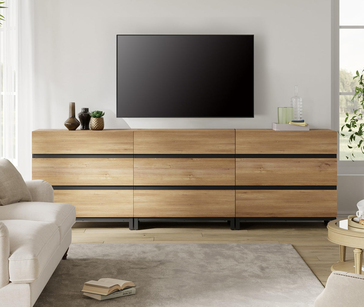 WAMPAT Dresser for Bedroom, Closet Organizers and Storage with 9 Drawers, Chest of Drawers with Metal Base, Wooden Modern Dresser for Living Room, Bedroom, Entryway, Oak