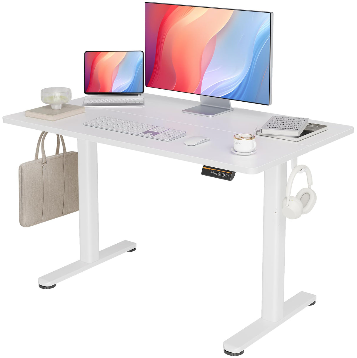Seang Electric Standing Desk With Adjustable Height, 48x24 Inch, Sit Stand With Splice Board for Home Office Computer Workstation, White Frame/White Top
