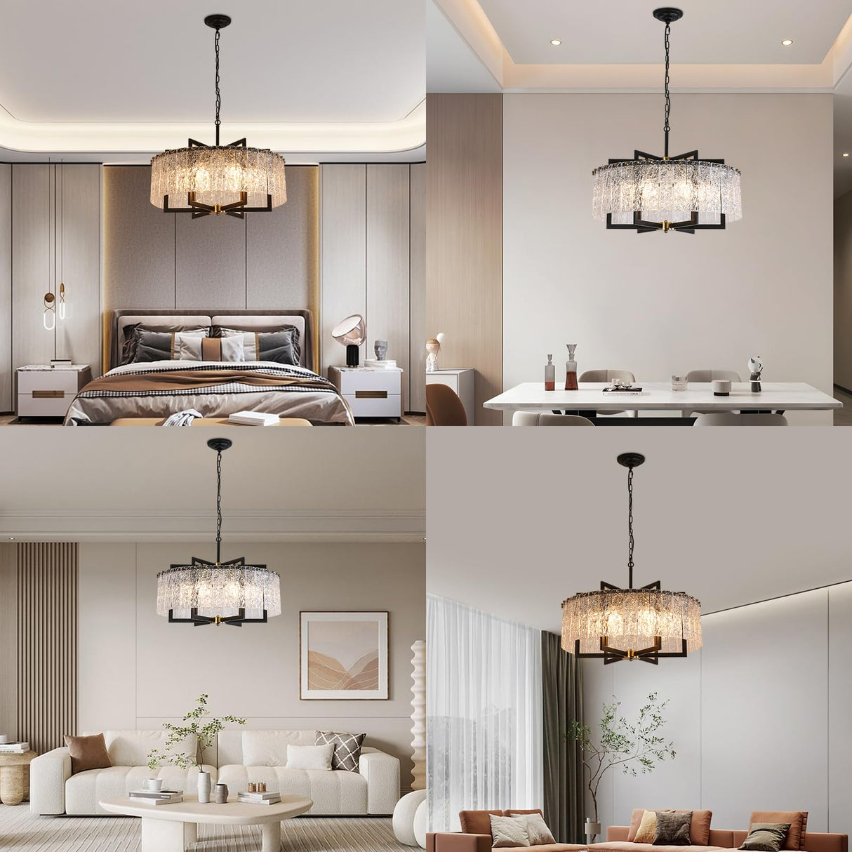 Modern Black Chandeliers,23.6" Crystal Glass Pendant Ceiling Light Fixtures