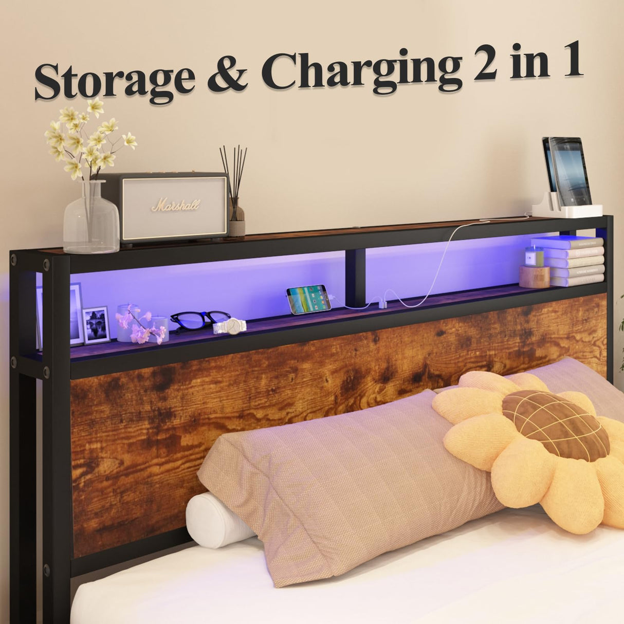 LoVinson Queen Size Bed Frame with LED Lights, 2-Tier Storage Headboard with Charging Station, Wood Slat Support, No Box Spring Needed, Noise Free, Easy Assembly, Rustic Brown