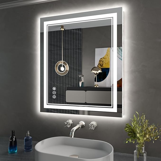 24x30 Inch LED Bathroom Mirror with Black Frame, Backlit and Front Lighted Bathroom Mirrors
