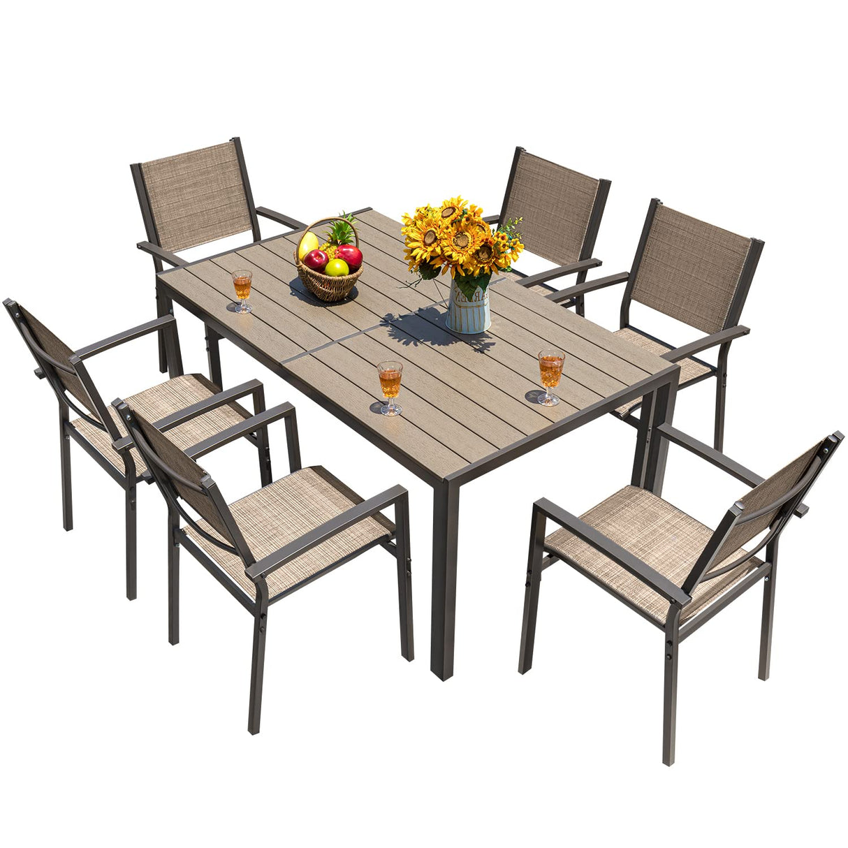 7 Pieces Patio Dining Set Outdoor Furniture with 6 Stackable Textilene Chairs and Large