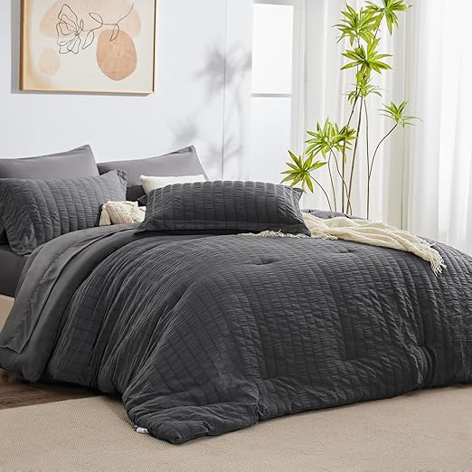 King Seersucker Comforter Set with Sheets Beige Bed
