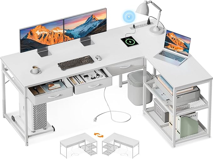 Inch L Shaped Computer Desk with Drawers, Corner Desk with Power Outlets & Reversible Storage Shelves, Movable CPU Stand for Home Office Gaming, Oak Grey