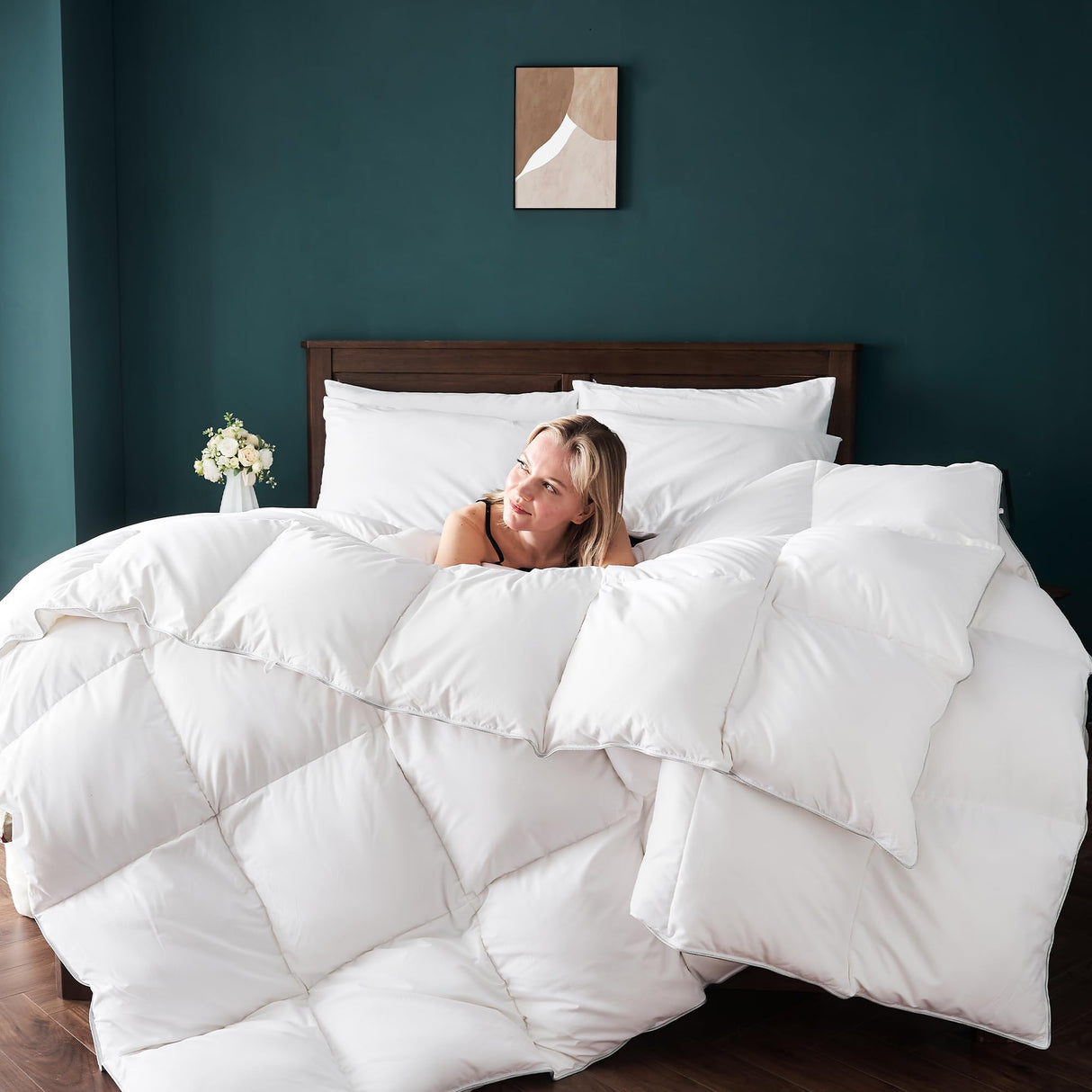 Duvet Insert Queen Size, 1600 TC/DM Batiste Poly-Cotton Blend Feather Down Comforter High Fill Power 46 Oz Medium Warmth White