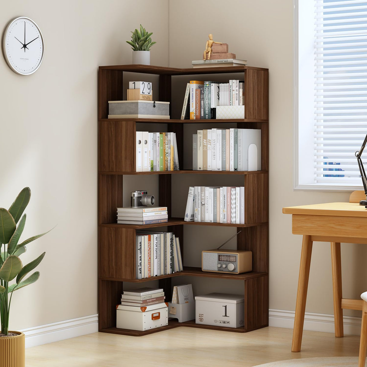 L-Shaped Corner Bookshelf - 66" Tall Wooden Freestanding Bookcase with Open Shelf