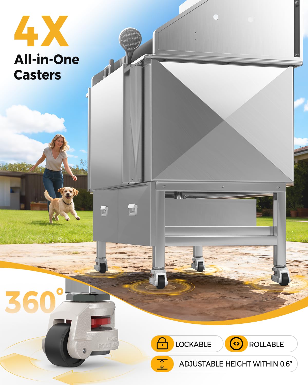 61" Professional Dog Washing Station - Stainless Steel with Ramp & Wheels