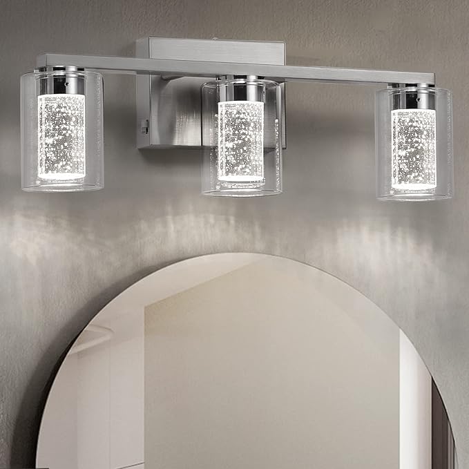 Brushed Nickel Vanity Lights, 3-Light Bathroom Light Fixtures, Crystal LED Bathroom