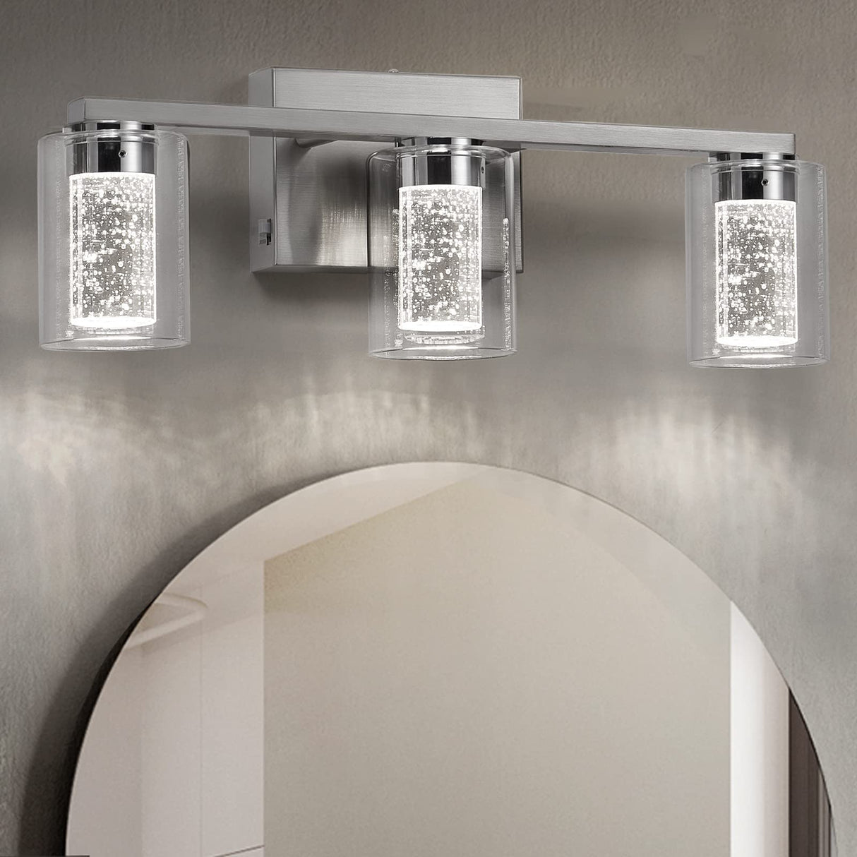 Brushed Nickel Vanity Lights, 3-Light Bathroom Light Fixtures, Crystal LED Bathroom