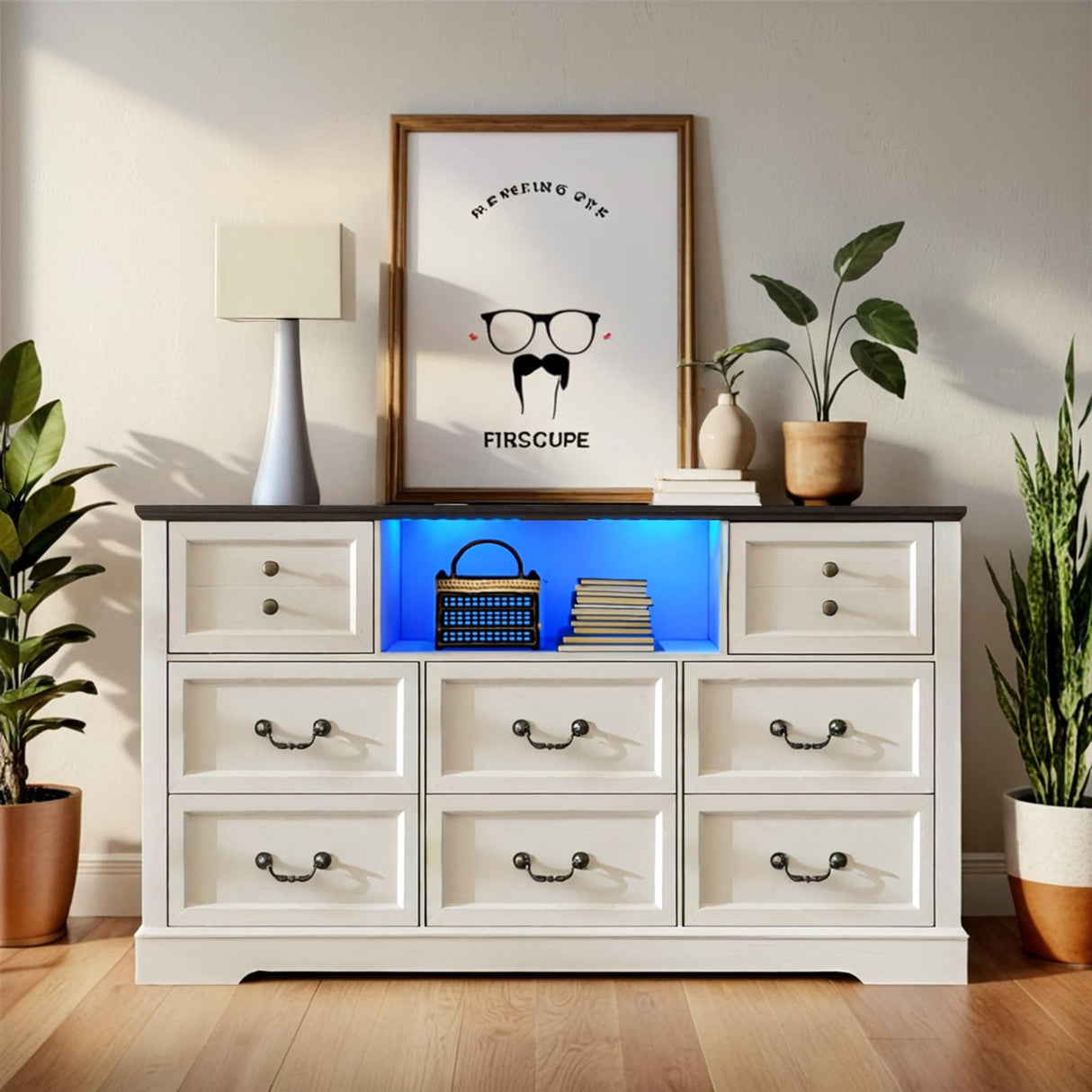 White Dresser for Bedroom with Charging Station & Led Lights