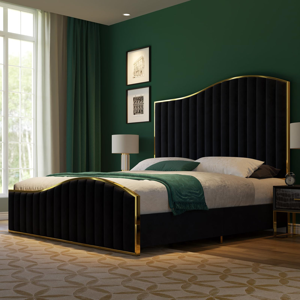 Queen Size Harp Bed Frame, Velvet Upholstered Platform Bed