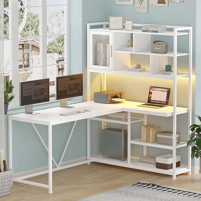 L Shaped Computer Desk, 58'' Office Desk with LED Light and Bookshelf