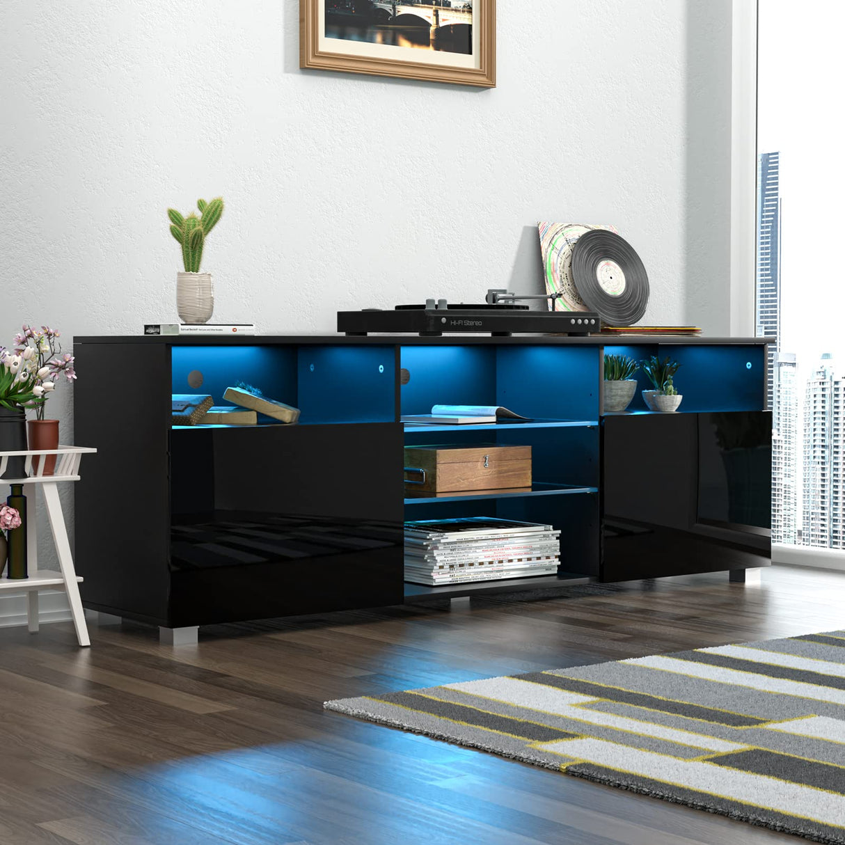 LED TV Stand for 65 inch TVs, Modern TV Stand with LED Lights and High Glossy Cabinets