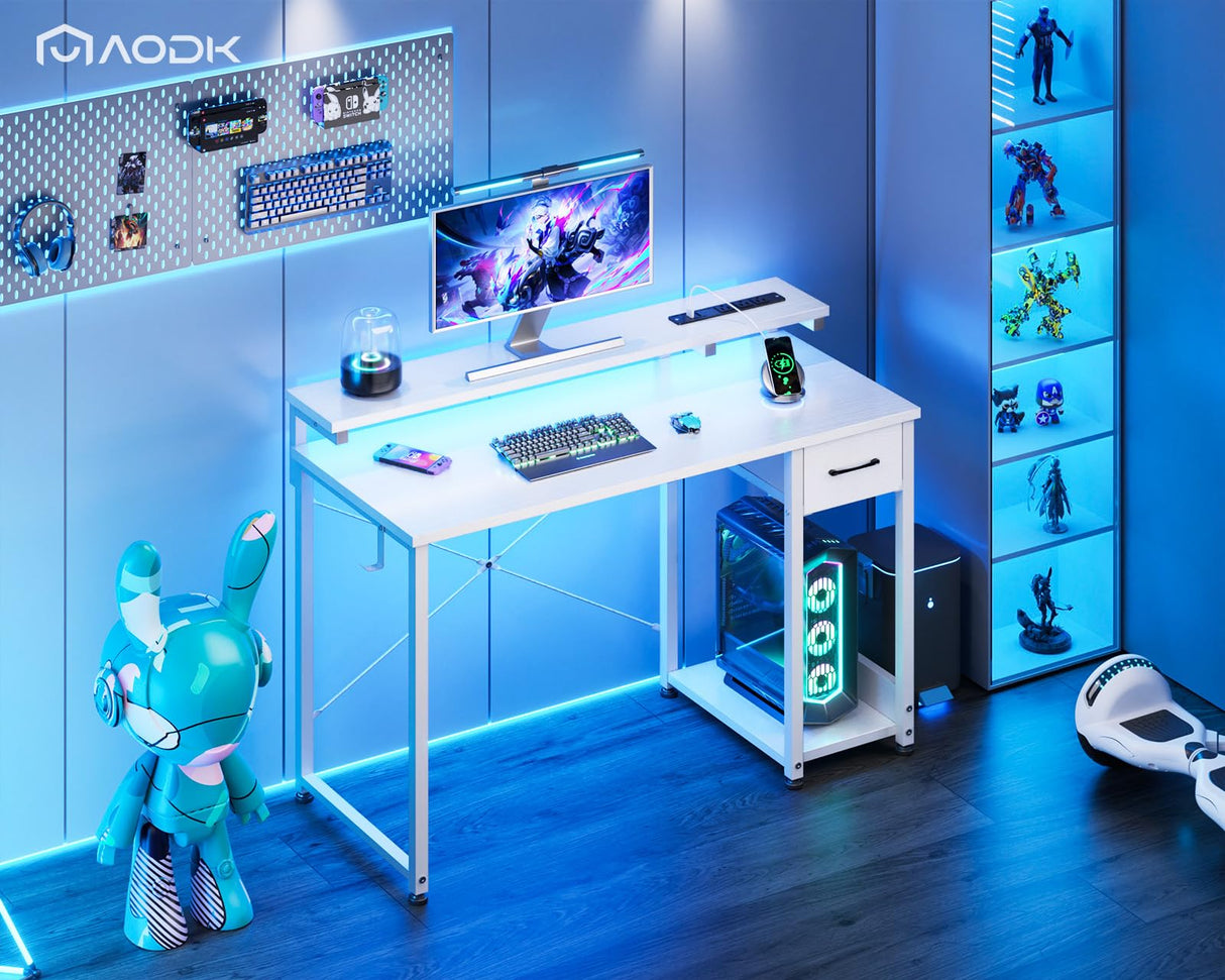 Gaming Desk with LED Lights & Power Outlet, 40 Inch Computer Desk with Drawer,