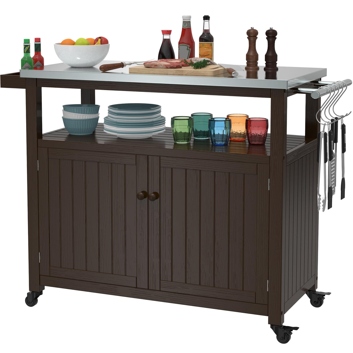 Outdoor Storage Cabinet Solid Wood Prep Grill Table with Stainless Steel Top Waterproof